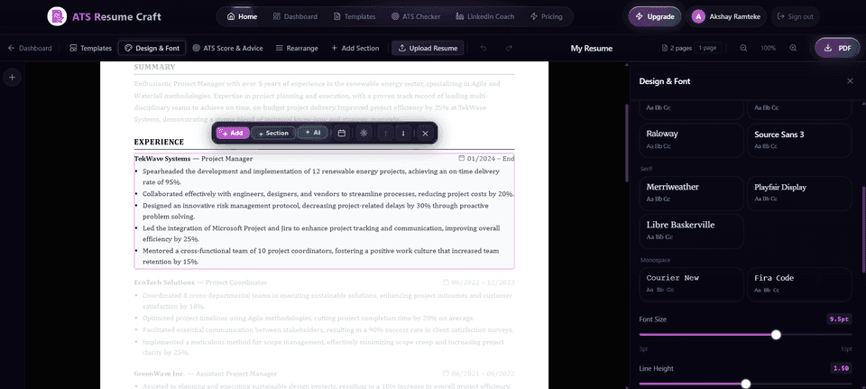 Design and font customization panel in the resume builder