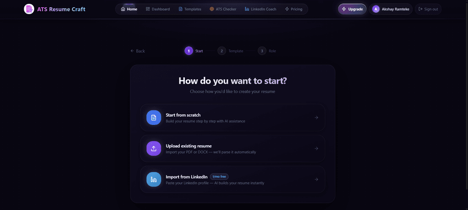 Onboarding screen: start from scratch, upload a resume, or import from LinkedIn