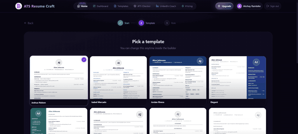 Resume template picker gallery during onboarding